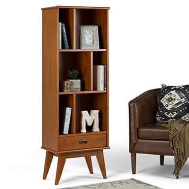SIMPLIHOME Draper Bookcase - 64 inch Tall Solid Hardwood Storage Bookshelf in Teak Brown, Mid-Century Modern Storage for Living Room, Study Room or Office with Adjustable Shelves and Angled Legs - Image 3