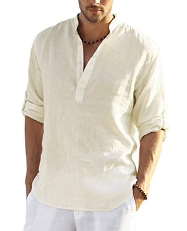COOFANDY Men's Linen T-Shirts Long Sleeve Casual Beach T-Shirts Lightweight Summer Tops for Men Beige - Image 1