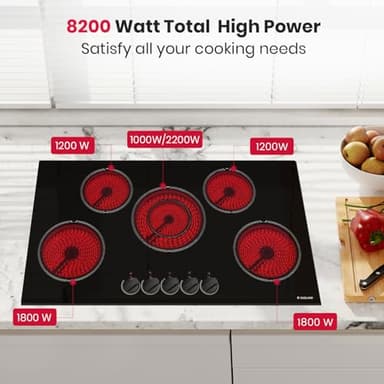 GASLAND Electric Cooktop 36 Inch, 8200W Drop-in Radiant Glass Stove Top CH90BS with 5 Burners, 220-240V Ceramic Electric Stovetop, 7 Power Levels, Mechanical Knob Control, Hot Warning, Hard Wire - Image 3
