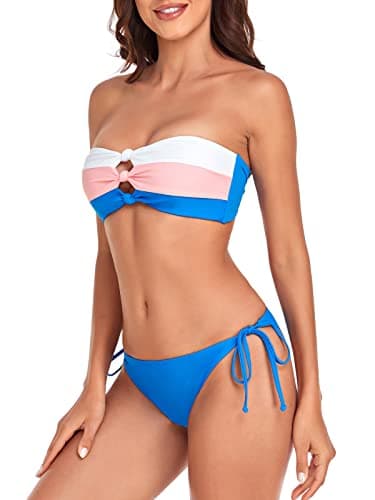 RELLECIGA Womens Bandeau Bikini Set Removable Straps Brazilian High Cut Bathing Suits(White+Navy Blue,XLarge) - Image 4