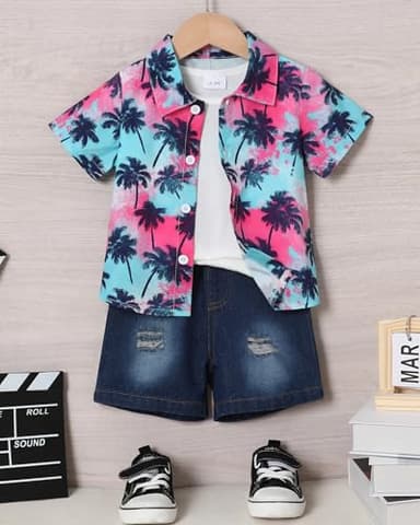 Coco&RARA Toddler Baby Boy Clothes Summer Beach Outfits Hawaiian Short Sleeve Button Down Shirts+Denim Shorts Casual Set (Colorful - Palm Trees, 4-5T) - Image 5