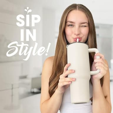 osse 40oz Tumbler with Handle and Straw Lid | Double Wall Vacuum Reusable Stainless Steel Insulated Water Bottle Travel Mug Cup | Modern Insulated Tumblers Cupholder Friendly (Cream 2) - Image 6