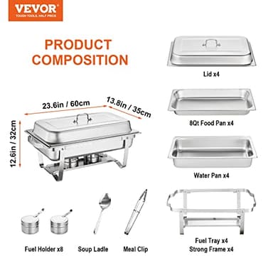 VEVOR Chafing Dish Buffet Set, 8 Qt 4 Pack, Stainless Chafer with 4 Full Size Pans, Rectangle Catering Warmer Server with Lid Water Pan Folding Stand Fuel Tray Holder Spoon Clip - Image 8