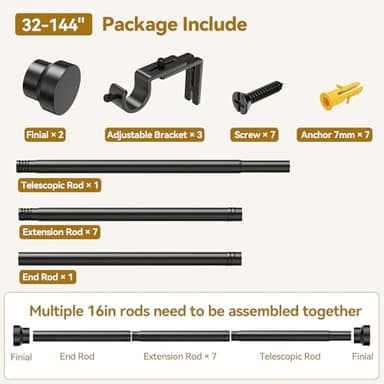 Curtain Rod 32-144 Inch, Heavy Duty 1 Inch Adjustable Curtain Rods for Windows, Black Extra Long Window Treatment Rods, Modern Design, Easy Installation - Image 4