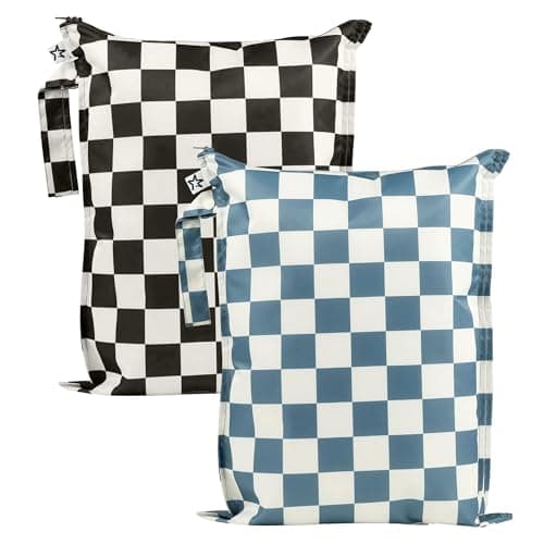 Tiny Twinkle Mess-Proof Waterproof Wet Dry Bag | 2-Pack Reusable Wet Bags for Swimsuits & Baby Clothes | Leakproof Wet Bag for Travel & Diaper Changes for Baby (Blue, Black Checkers) - Image 1