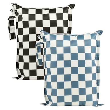 Tiny Twinkle Mess-Proof Waterproof Wet Dry Bag | 2-Pack Reusable Wet Bags for Swimsuits & Baby Clothes | Leakproof Wet Bag for Travel & Diaper Changes for Baby (Blue, Black Checkers) - Image 1