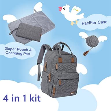 iniuniu Diaper Bag Backpack, 4 in 1 kit Large Unisex Baby Bags for Boys Girls, Waterproof Travel Back Pack with Diaper Pouch, Washable Changing Pad, Pacifier Case and Stroller Straps, Gray - Image 2
