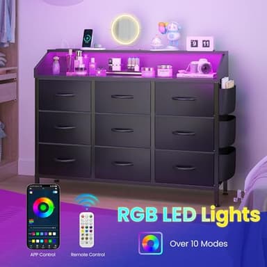 Black TV Stand Dresser for Bedroom 9 Drawers - Fabric Dresser Chest of Drawers for Living Room Hallway Closet (Black PU) - Image 6