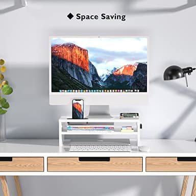 BONTEC Wooden Monitor Stand Riser, 2-Tier Desk Shelf with Storage Organizer, Ergonomic Computer Stand with Cable Management, Cellphone Holder, White, 16.5 Inch - Image 7