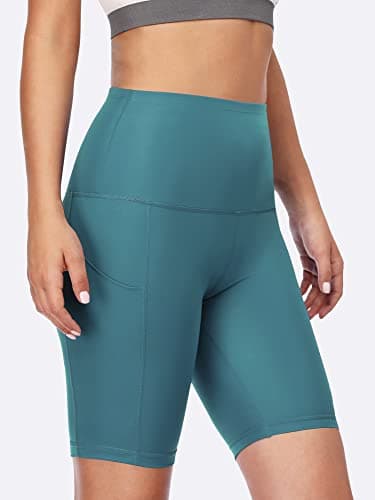 CADMUS Women's High Waist Spandex Yoga Shorts for Bike Running Two Side Pockets,10,Black & Grey & Turquoise,Large - Image 2