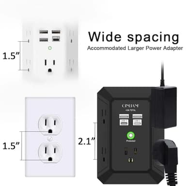 USB Wall Charger, Surge Protector, QINLIANF 5 Outlet Extender with 4 USB Charging Ports (4.8A Total) 3-Sided 1680J Power Strip Multi Plug Outlets Wall Adapter Spaced for Home Travel Office(2U2C),Black - Image 5
