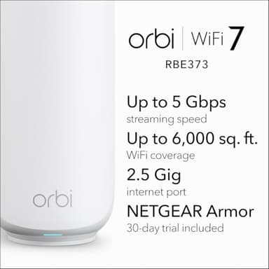 NETGEAR Orbi 370 Series Dual-Band WiFi 7 Mesh Network System for Home (RBE373) – Wireless Router + 2 Extenders, Security Features, 5 Gbps, Covers 6,000 sq.ft., 70 Devices, 2.5GB Internet Port, BE5000 - Image 2