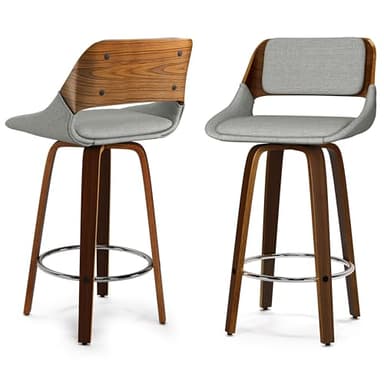 SIMPLIHOME Carly Swivel Bar Stools (Set of 2) - 16 inch Seat Height Upholstered Wood Chairs in Grey Linen Look Fabric, Contemporary Seating for Kitchen or Bar with Walnut Finish - Image 1