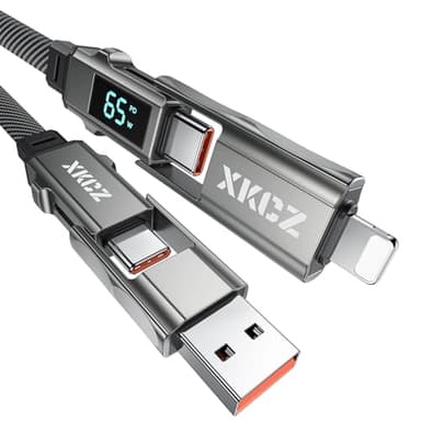 XKCZ 4 in 1 USB C Cable with Wattage Display, 65W Flat Nylon Braided Multi Charge Cable with Data Sync, USB C Charging Cord Combo Type C/USB A/L Port for iPhone/iPad/Samsung/Laptop, 5FT - Image 1
