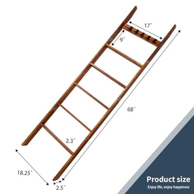 Wooden Blanket Ladder with Removable Hooks, 6-Tier 5.66 Ft (68 Inch) Rustic Blanket Rack, Blanket Ladders for Living Room & Bedroom, Easy Assembly, Perfect for Displaying Blankets & Scarves, Brown - Image 4
