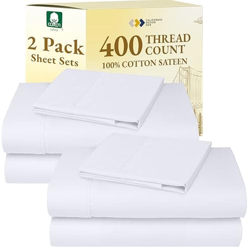 2-Pack Twin Cotton Sheets Sets - 400 Thread Count 100% Cotton Sateen - Extra Soft, Breathable & Cooling Sheets, Wrinkle Resistant, 2 Sets of Deep Pocket Bed Sheets - Bright White - Image 1