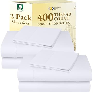 2-Pack Twin Cotton Sheets Sets - 400 Thread Count 100% Cotton Sateen - Extra Soft, Breathable & Cooling Sheets, Wrinkle Resistant, 2 Sets of Deep Pocket Bed Sheets - Bright White - Image 1