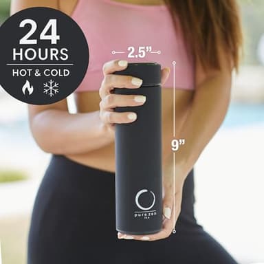 Pure Zen Tea Thermos with Infuser for Hot and Cold Infusions, Coffee and Fruit-Infused Water - Stainless Steel - Tea Infuser Bottle - Leakproof Travel Mug with Filter - 15oz - Black - Image 2