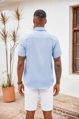 COOFANDY Mens Summer Shirt Short Sleeve Button Down Shirts Beach Weeding Outfit Clear Blue - Image 6