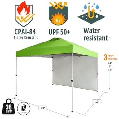 CROWN SHADES 10x10 Pop Up Canopy with 1 Side Wall - Beach Tent with One Push Setup - Outdoor Sun Shade for Events, Parties, Camping - Gazebo with STO-N-Go Cover Bag (Green) - Image 5