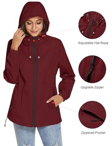 TCOT Rain Jackets for Women Waterproof Lightweight Outdoor Active Raincoat Packable Hooded Windbreaker Jacket Wine Red S - Image 2