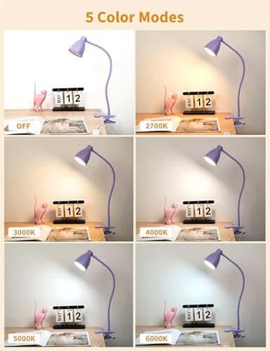 BOHON Desk Lamp with Clamp, 10W 38 LED Clip on Light, 5 Color 10 Brightness Auto Off Timer, Flexible Gooseneck Clip Lamp, Desk Lights for Office Home Bed Bedside Reading, Lilac Purple - Image 2