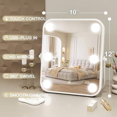 ROLOVE 10x12 Inch Hollywood Vanity Mirror with Dimmable LED Lighting, Smart Touch Control & U-Shaped Bracket - Portable Tabletop Makeup Mirror for Travel, Home - Image 4