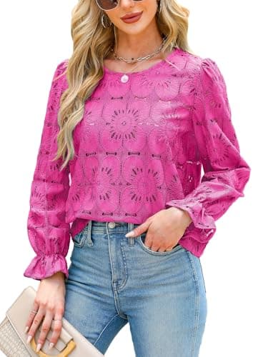 CUPSHE Women Eyelet Long Sleeve Tops Shirts Dressy Hollow Out Crochet Lace Embroidered Blouses 2025 Fashion Top Fuchsia M - Image 1