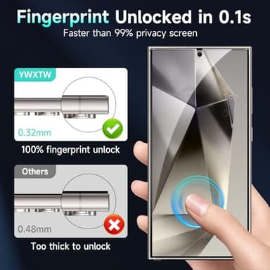 YWXTW EZ Unlock for Samsung Galaxy S24 Ultra Privacy Screen Protector, [0.1S Ultrasonic Fingerprint Support] [Not Glass] 25° Anti Spy Private S24 Ultra Screen Protector Case Friendly, 2 Pack - Image 2