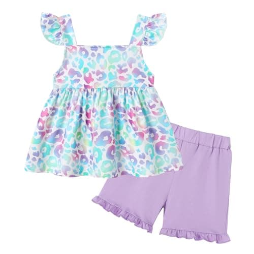 YUEMION Toddler Girl Clothes, 2Pcs Baby Girl Summer Outfits Ruffle Sleeveless Shirts Floral Tops + Shorts Clothing Set(Colorful Leopard + Purple, 2-3T) - Image 1