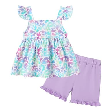 YUEMION Toddler Girl Clothes, 2Pcs Baby Girl Summer Outfits Ruffle Sleeveless Shirts Floral Tops + Shorts Clothing Set(Colorful Leopard + Purple, 2-3T) - Image 1