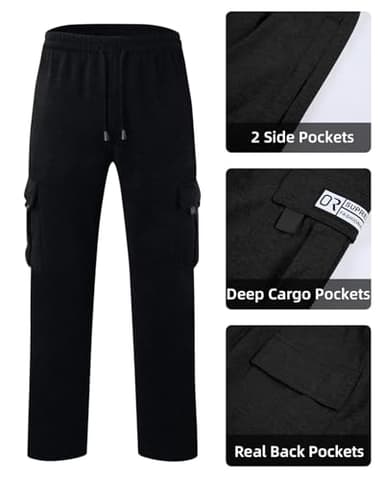 Lasjixion Men's Cargo Sweatpants Open Bottom Fleece Hiking Jogger Cargo Sweatpants for Men with Pockets Black - Image 3