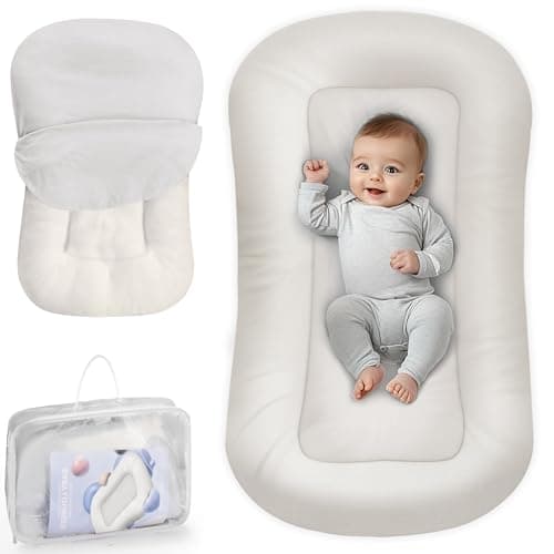 Baby Lounger - Baby Lounger for Newborn, 0-24 Months, Infant Lounger for Home and Travel, Soft Cotton, Baby Nest Lounger, Newborn Babies Essentials Gifts, White (Lounger Cover Included) - Image 1