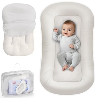 Baby Lounger - Baby Lounger for Newborn, 0-24 Months, Infant Lounger for Home and Travel, Soft Cotton, Baby Nest Lounger, Newborn Babies Essentials Gifts, White (Lounger Cover Included) - Image 1