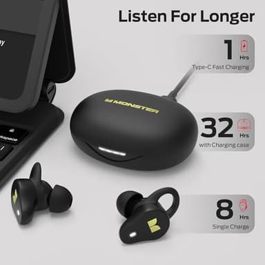 Monster N-Lite 210 Wireless Earbuds, Bluetooth 5.4 in-Ear Stereo Headphones, Built-in Mic for Crystal Clear Call, 32H Playtime, Type-C Charging, Waterproof in-Ear Ear Buds Earphones for Sports, Black - Image 4