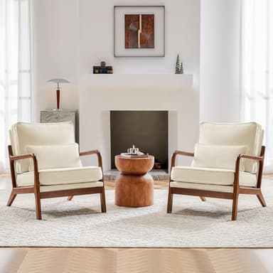 Sweetcrispy Accent Mid Century Modern Chairs with Pillow Set of 2, Upholstered Lounge Armchair, Linen Fabric Comfy Reading Chair with Wood Frame for Living Room, Bedroom, Beige - Image 8