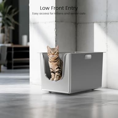 Stainless Steel Litter Box 13.7'' High Sides, XL Metal Cat Litter Box with Curved Low Entry, Cat Litter Pan for Big & Multiple Cats, Pet Toliet with Handy Wheels for Easy Moving - Image 7