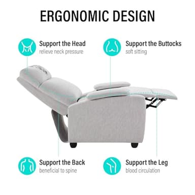 Softa Recliner Chair with Cup Holder and Headrest Cloth for Adults, Fabric Small Reclining Chair for Living Room, Adjustable Modern Armchair with Extended Footrest for Bedroom(Light Gray) - Image 9