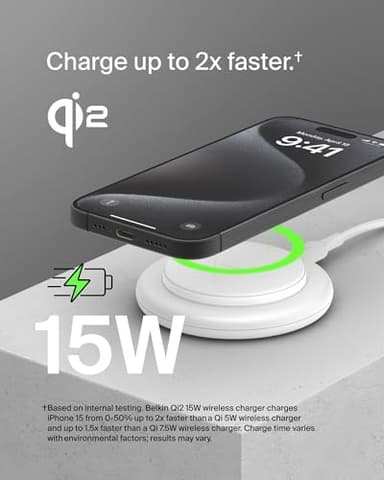 Belkin Magnetic Wireless Charging Pad 15W - MagSafe-Compatible Qi2-Certified Wireless Charger for iPhone 16 Series, Samsung Galaxy S25, AirPods, & More w/Non-Slip Base, Power Supply Included - White - Image 2