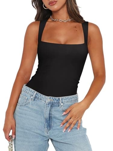 REORIA Womens Summer Sexy Sleeveless Square Neck Double Lined Going Out Cute Thong Bodysuit Tank Tops Black Large - Image 2