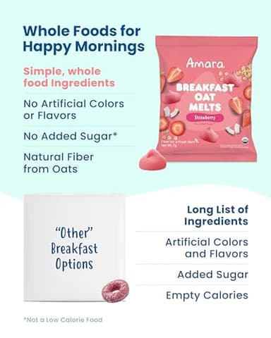 Amara Breakfast Oat Melts - Organic Toddler Snack - Single Serve Fiber-Packed Oat Bites with Real Fruit, No Added Sugar, Quick Dissolving, Strawberry - 12 Pack - Image 3