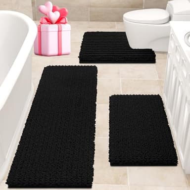 ACCUMTEK Upgrade Extra Large Black Bathroom Rug Set 3 Pieces Ultra Soft, Thick Absorbent Bath Mats, Non Slip Chenille Toilet Mat for Bathroom, Bedroom, Kitchen - Image 1