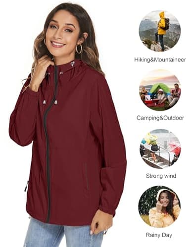 TCOT Rain Jackets for Women Waterproof Lightweight Outdoor Active Raincoat Packable Hooded Windbreaker Jacket Wine Red S - Image 3