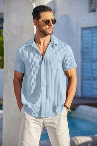 COOFANDY Men's Casual Button Down Shirts Short Sleeve Textured Linen Summer Beach Shirt with Pocket Light Blue - Image 3