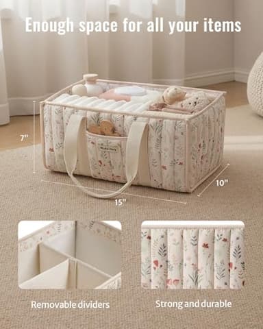 Blissful Diary Floral Diaper Caddy Organizer, Stylish Nursery Storage Basket, Gift for Baby Shower, Newborn Essentials, Floral Beige - Image 3