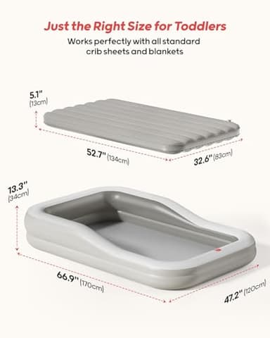 QPAU Inflatable Toddler Travel Bed with 3-Sided Safety Bumpers, Extra Large Kids Air Mattress, Includes Detachable Mattress, Portable for Camping, Travel, Home Use (Grey) - Image 5