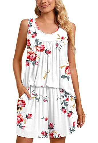 TAOHUADAO Womens Summer 2 Piece Pajama Sets, Sleeveless Pleated Tunic Tops with Comfy Shorts, Lounge Sleepwear Ladies Pjs Sets with Pockets L, Floral White - Image 2