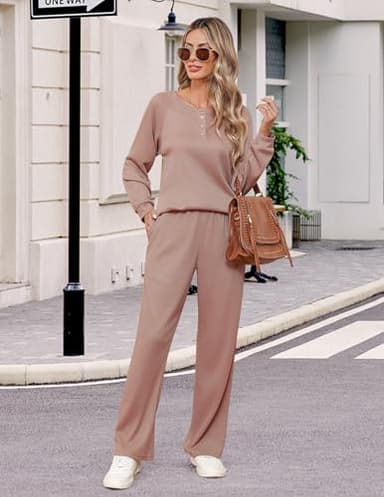 Ekouaer Waffle Knit Pajamas for Women Set Long Sleeve Pants Pj Henley Tops Lounge Sets Comfy Sleepwear with Pockets Mauve M - Image 6