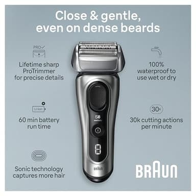 Braun Series 8 Electric Razor for Men, with 4+1 Shaving Elements & Precision Long Hair Trimmer, Close & Gentle Even on Dense Beards, Wet & Dry Electric Razor with 60min Runtime, 8517s Galvano Silver - Image 3