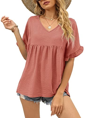 WIHOLL Womens T Shirts Loose Fit V Neck Ruffle Oversized Peplum Tops Pink XL - Image 1